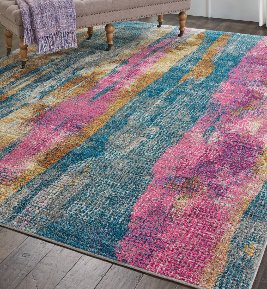 5' X 7' Blue Pink And Gold Abstract Distressed Area Rug