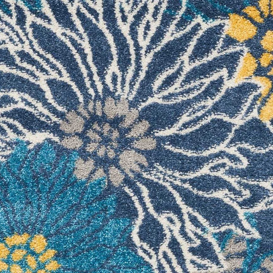 8' Blue And Gold Floral Runner Rug