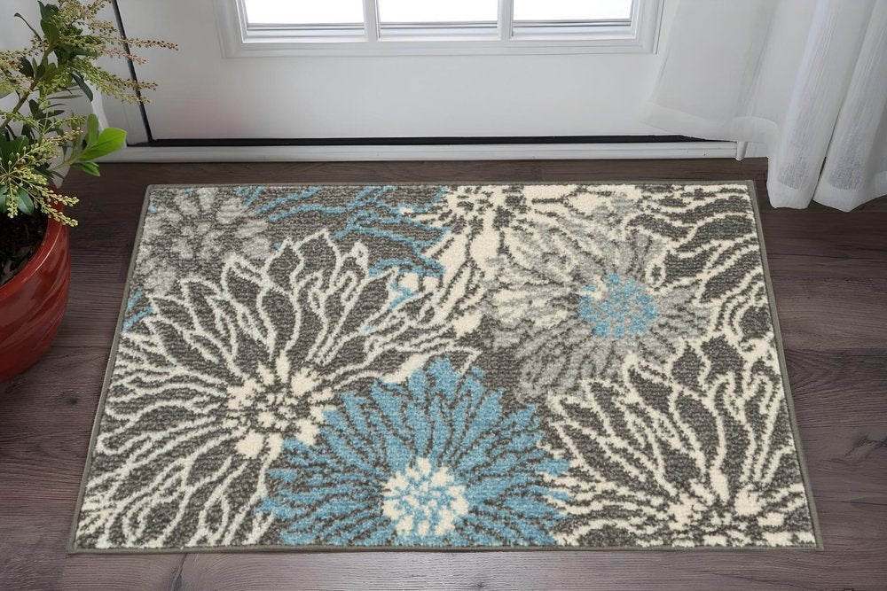 8' Blue And Gray Floral Runner Rug