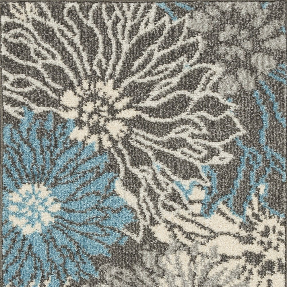 8' Blue And Gray Floral Runner Rug