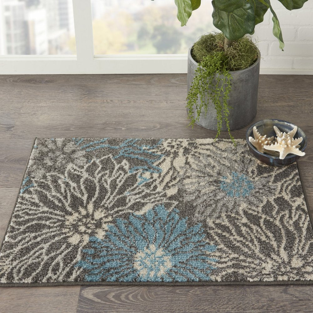 8' Blue And Gray Floral Runner Rug