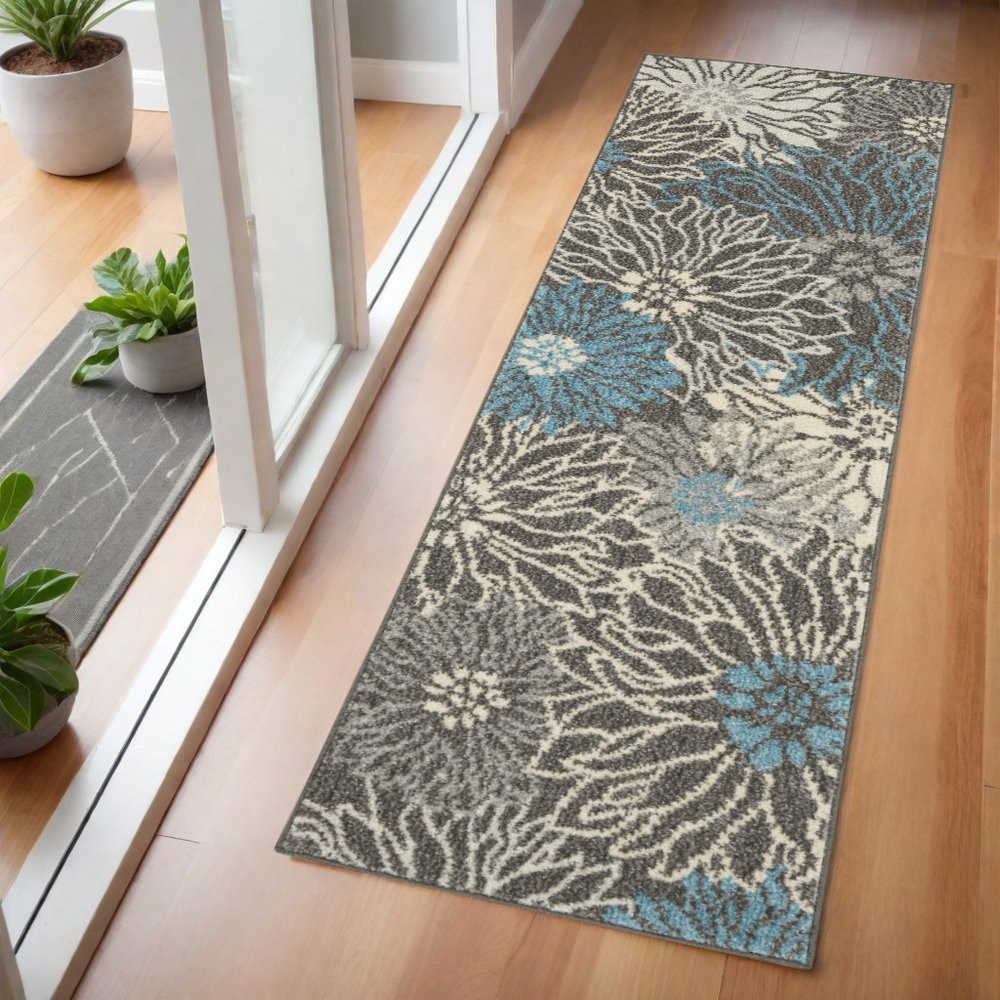 8' Blue And Gray Floral Runner Rug