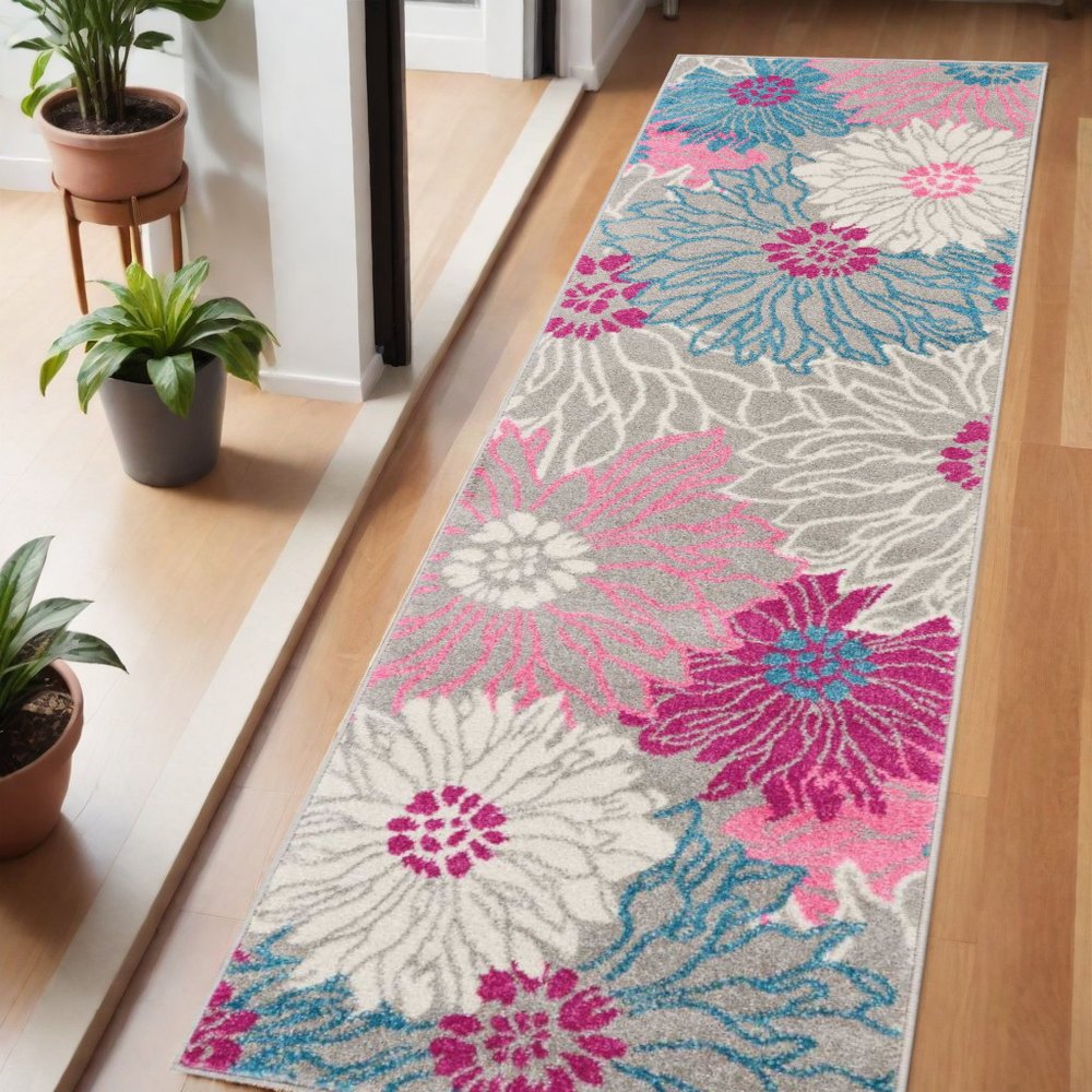 8' X 10' Gray And Pink Floral Area Rug
