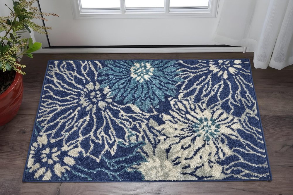 2' X 3' Blue And Ivory Floral Area Rug