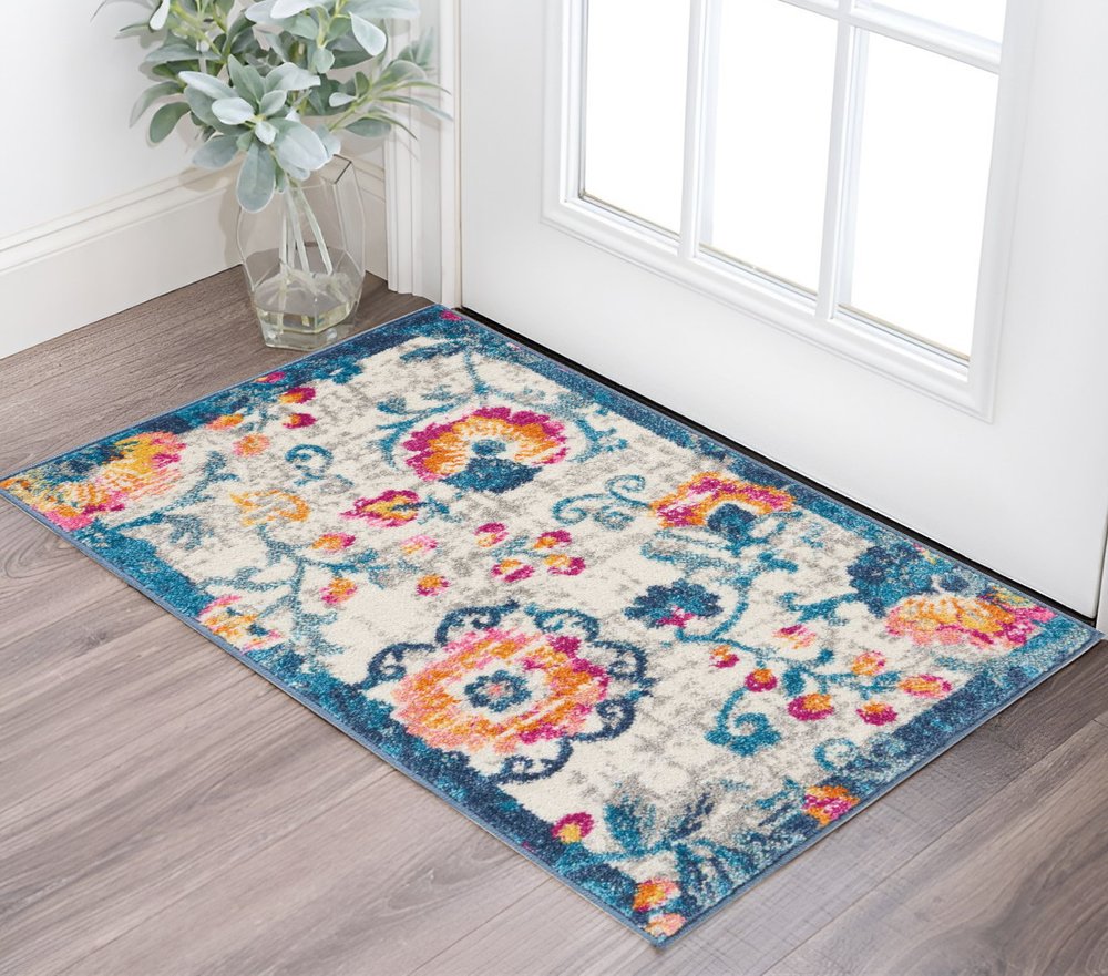 8' Ivory And Blue Floral Runner Rug