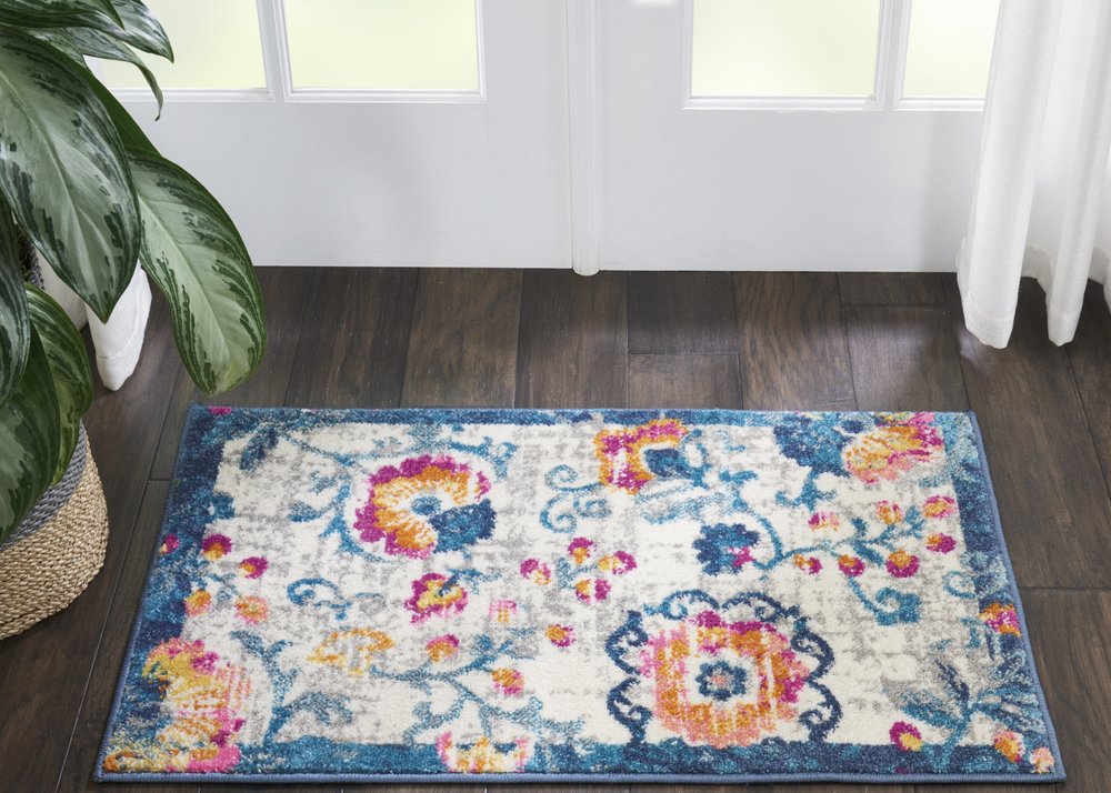8' Ivory And Blue Floral Runner Rug