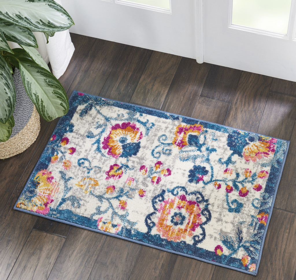 8' Ivory And Blue Floral Runner Rug
