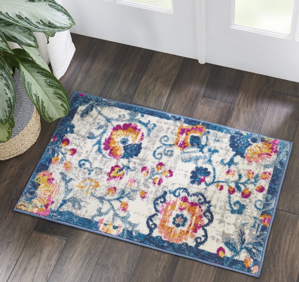 8' Ivory And Blue Floral Runner Rug