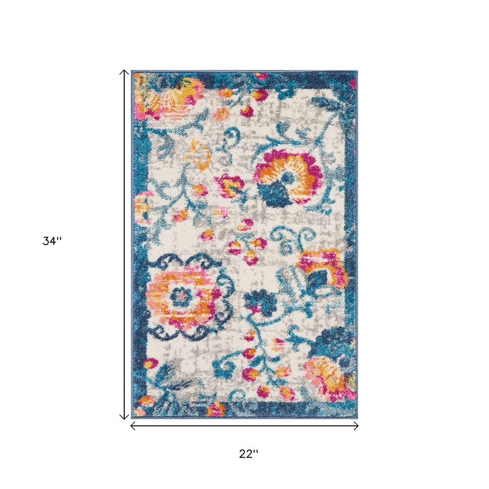 8' Ivory And Blue Floral Runner Rug