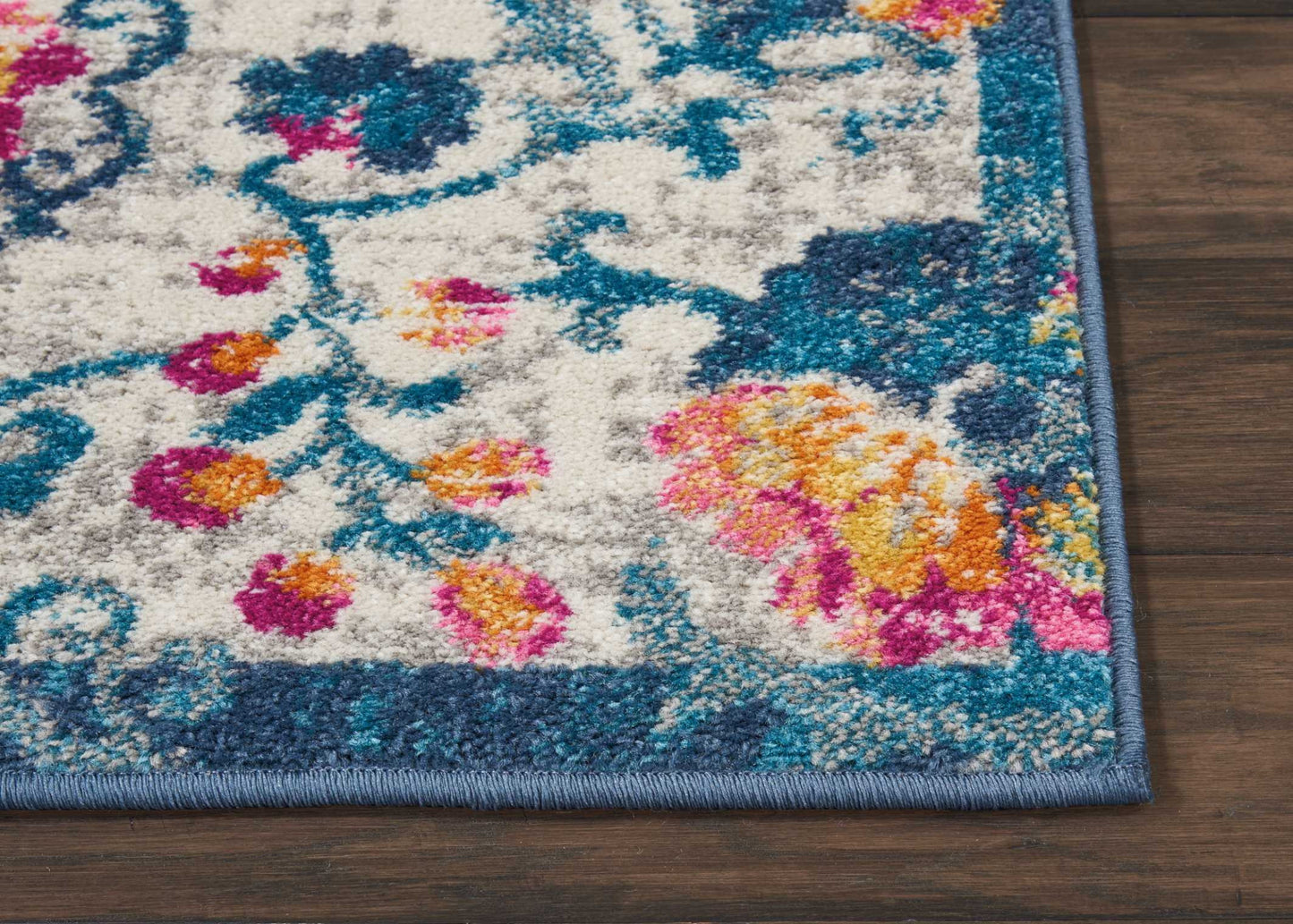8' Ivory And Blue Floral Runner Rug
