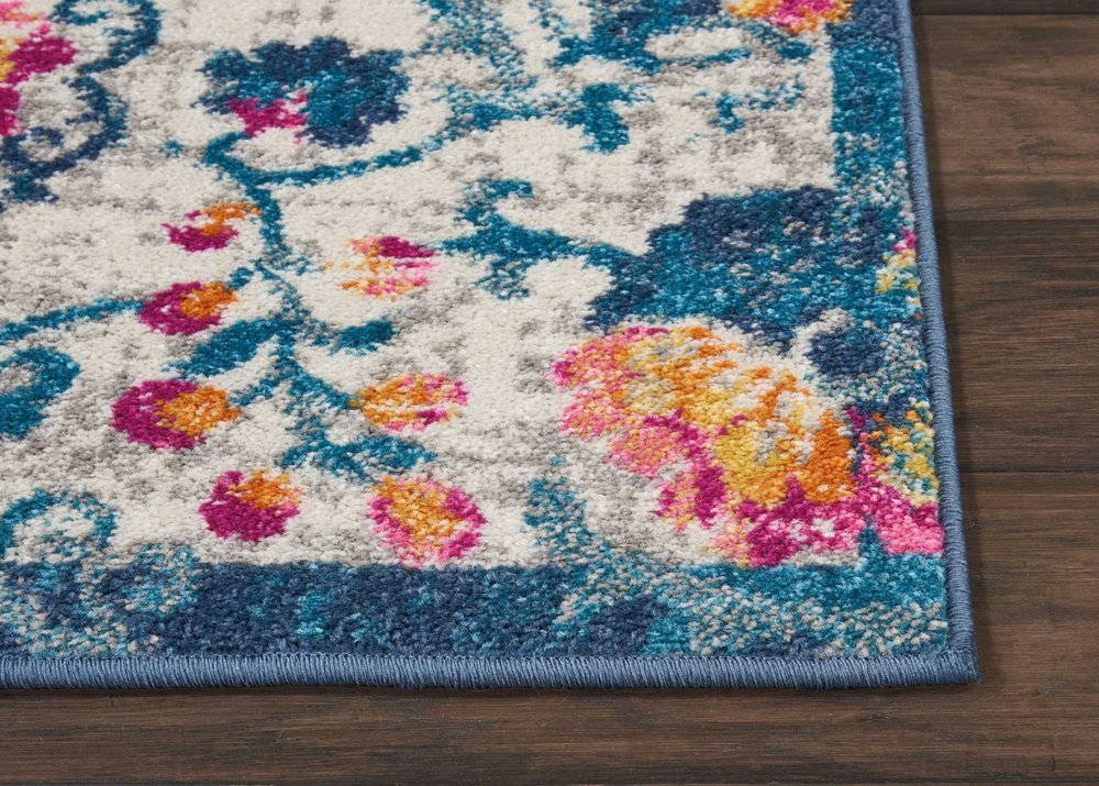 8' Ivory And Blue Floral Runner Rug