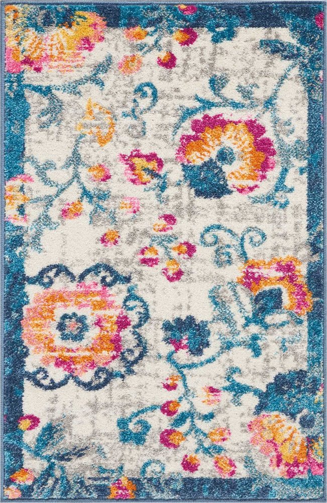 8' Ivory And Blue Floral Runner Rug