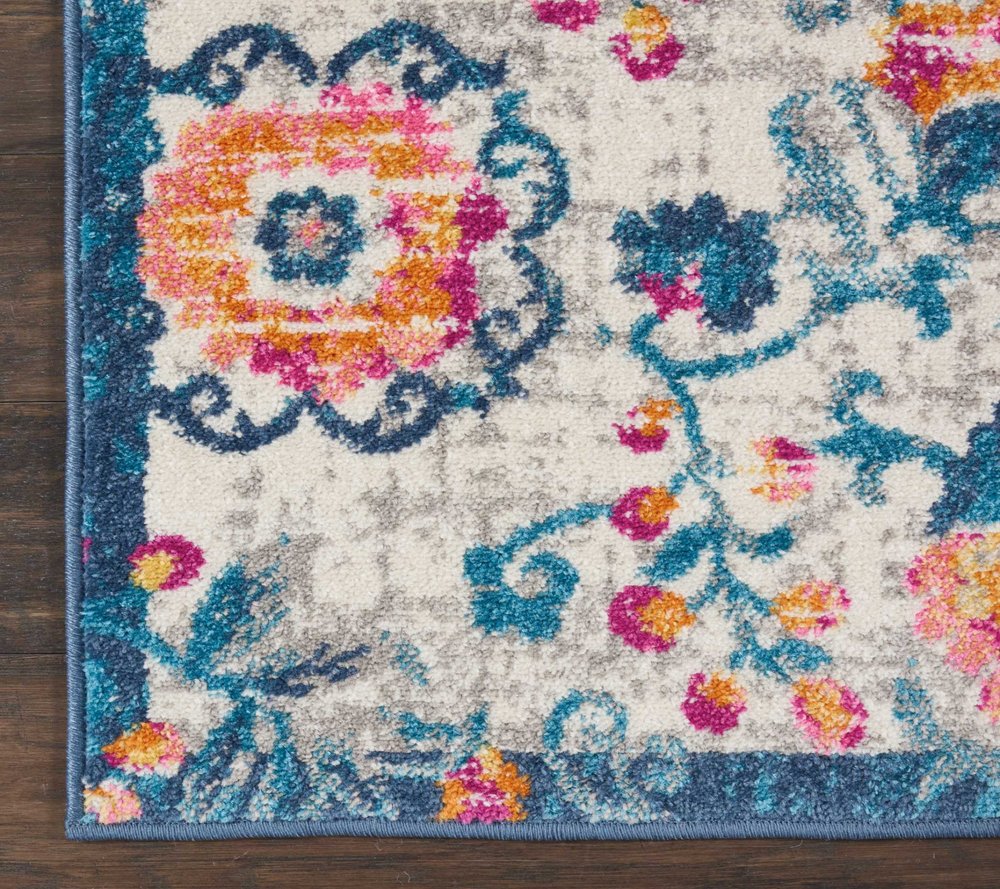 8' Ivory And Blue Floral Runner Rug