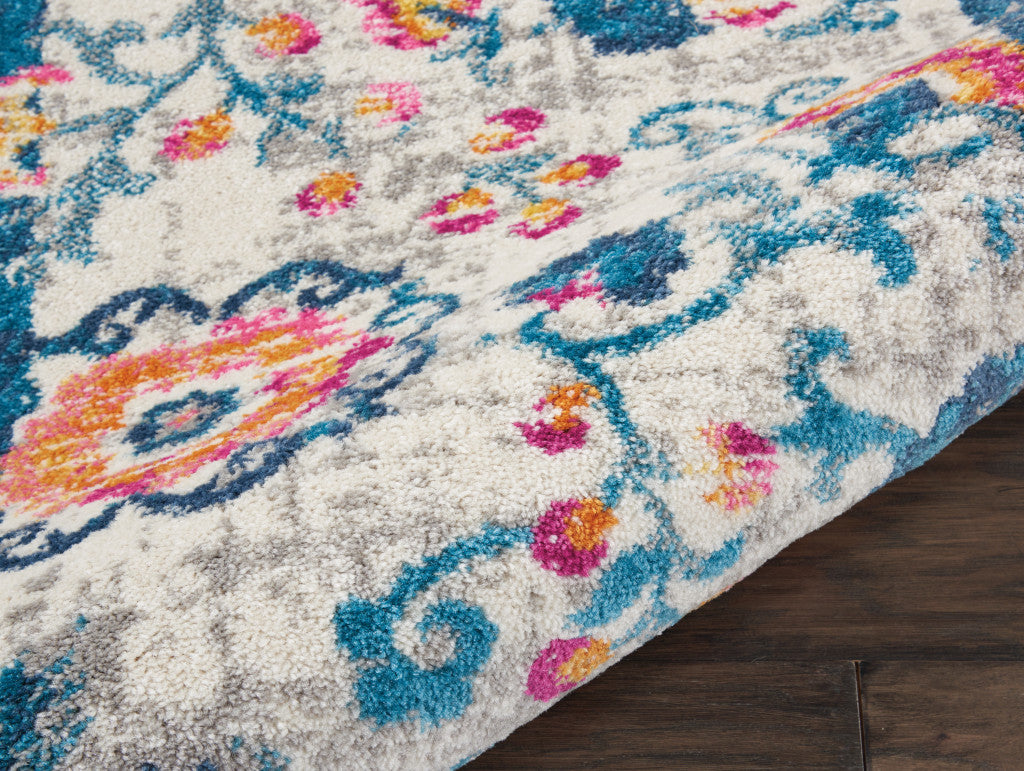 8' Ivory And Blue Floral Runner Rug