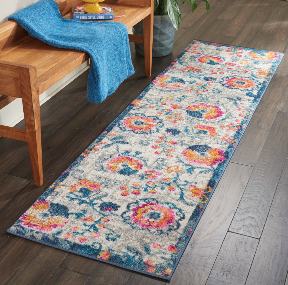 8' Ivory And Blue Floral Runner Rug