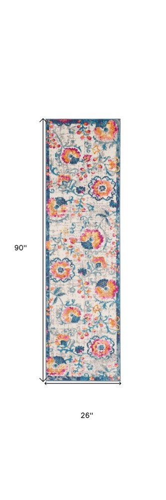8' Ivory And Blue Floral Runner Rug
