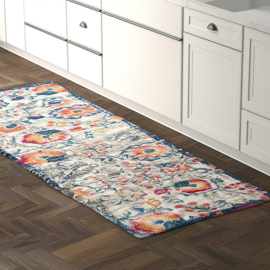 8' Ivory And Blue Floral Runner Rug