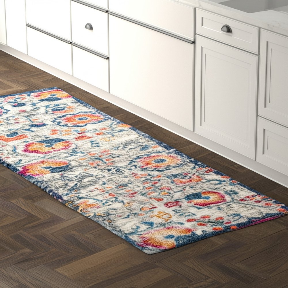 8' Ivory And Blue Floral Runner Rug