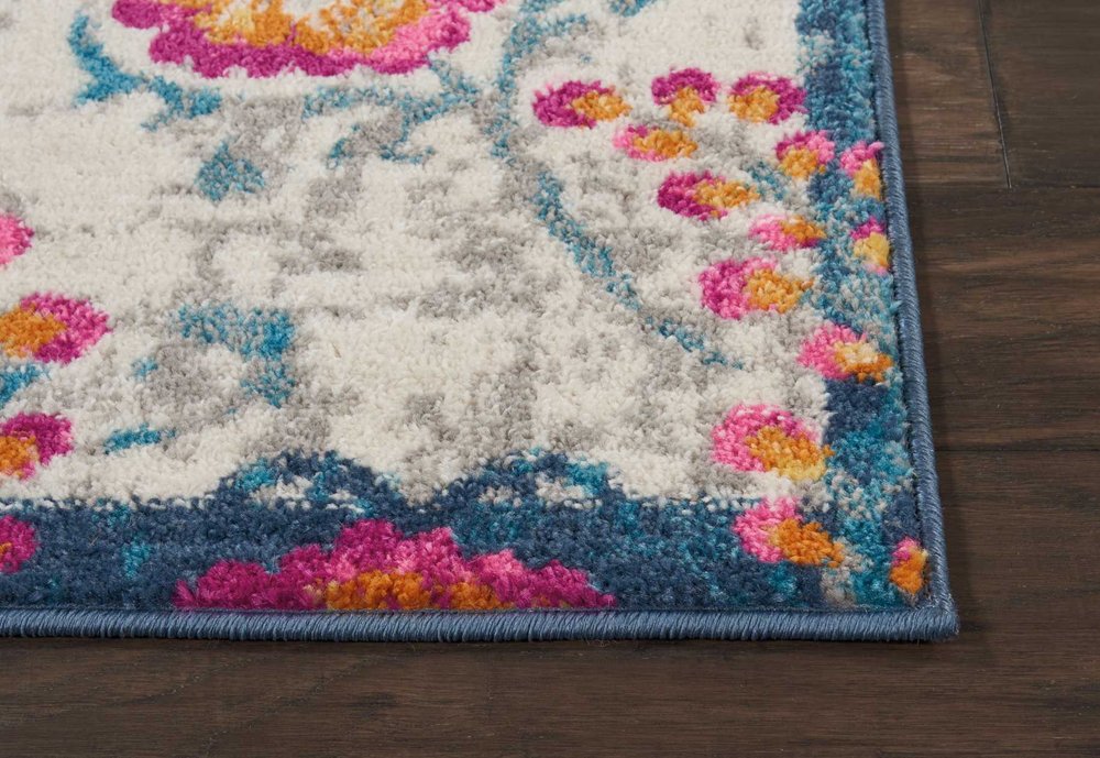 8' Ivory And Blue Floral Runner Rug