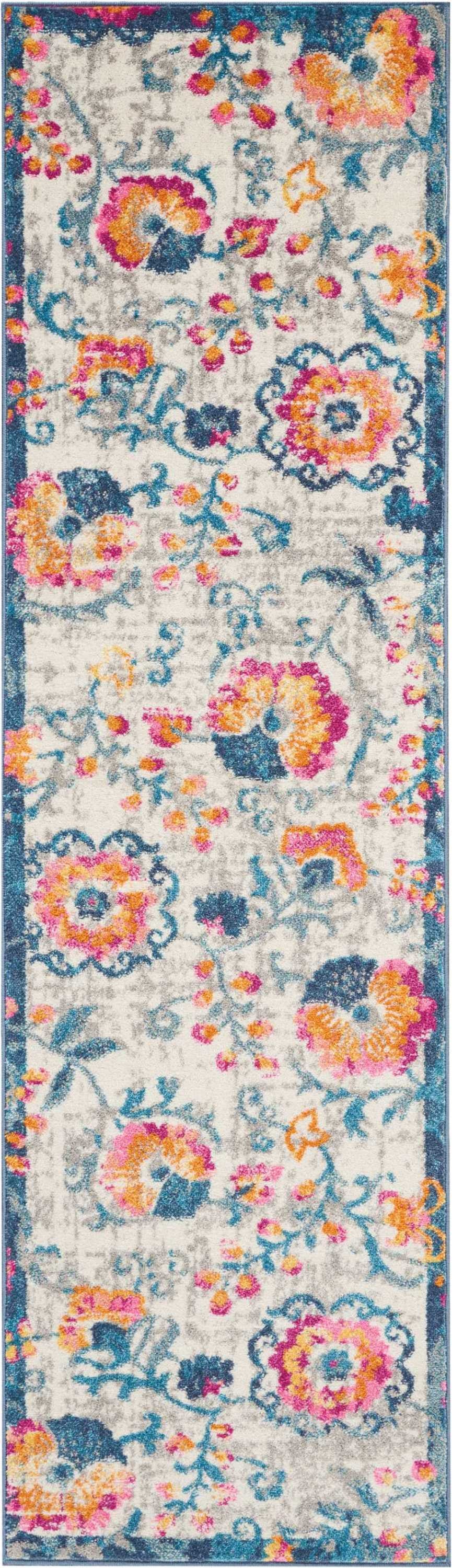 8' Ivory And Blue Floral Runner Rug