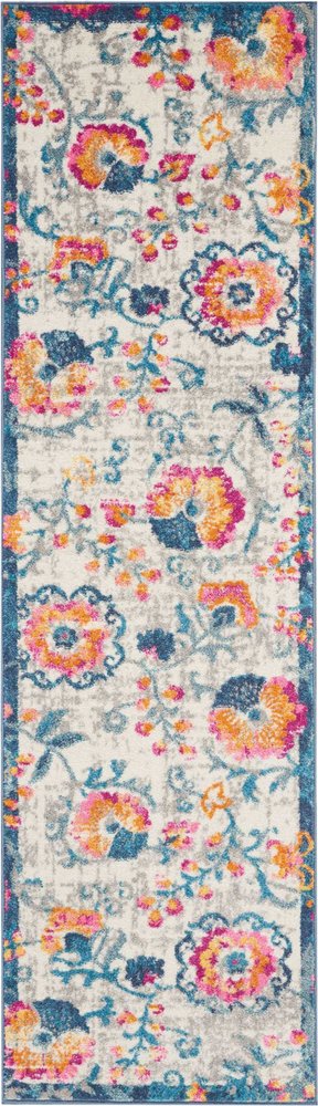 8' Ivory And Blue Floral Runner Rug