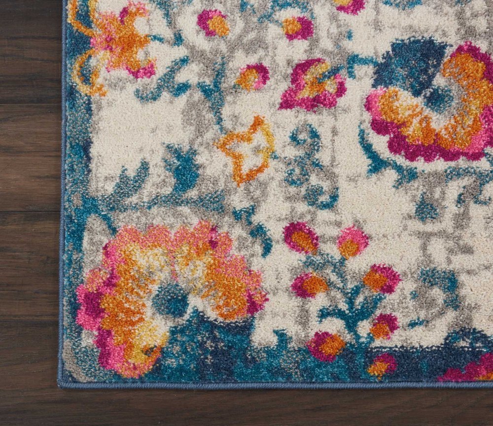 8' Ivory And Blue Floral Runner Rug