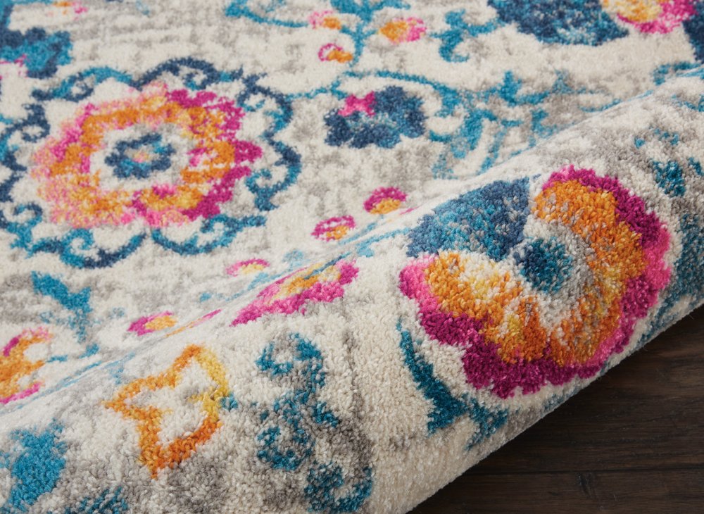 8' Ivory And Blue Floral Runner Rug