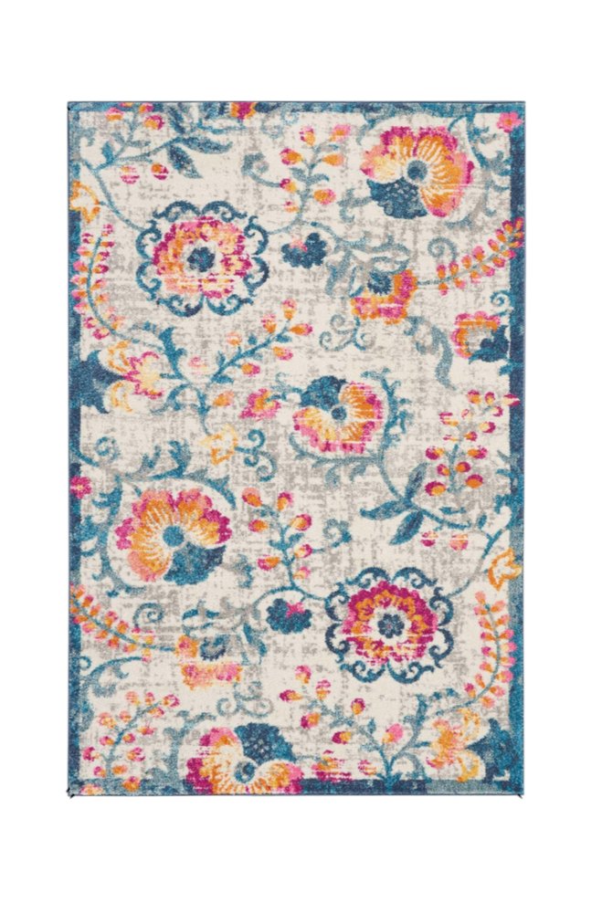 8' Ivory And Blue Floral Runner Rug