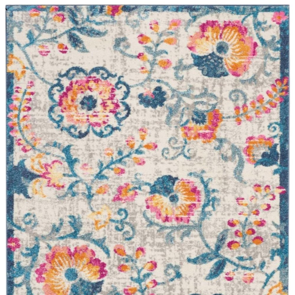 8' Ivory And Blue Floral Runner Rug