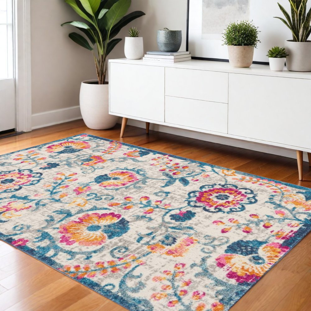 8' Ivory And Blue Floral Runner Rug