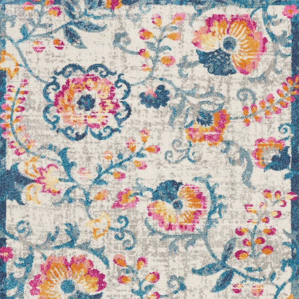 8' Ivory And Blue Floral Runner Rug