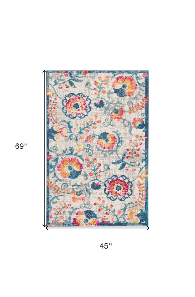 8' Ivory And Blue Floral Runner Rug