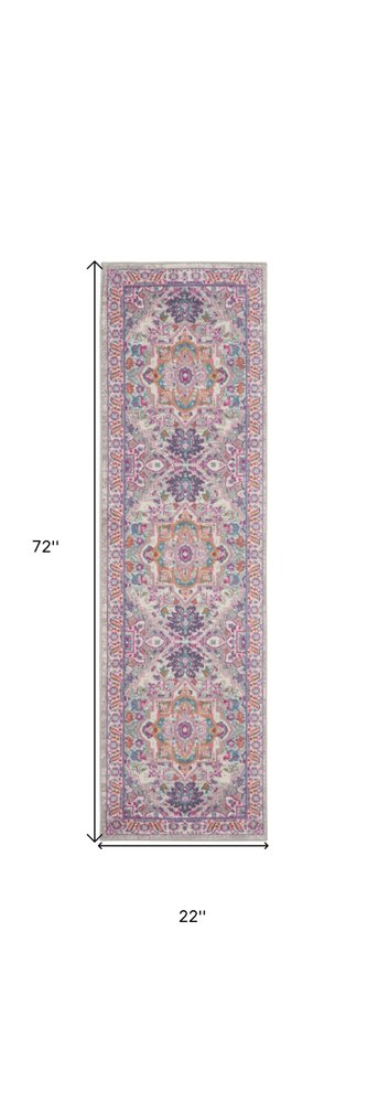 10' Light Gray And Pink Medallion Runner Rug