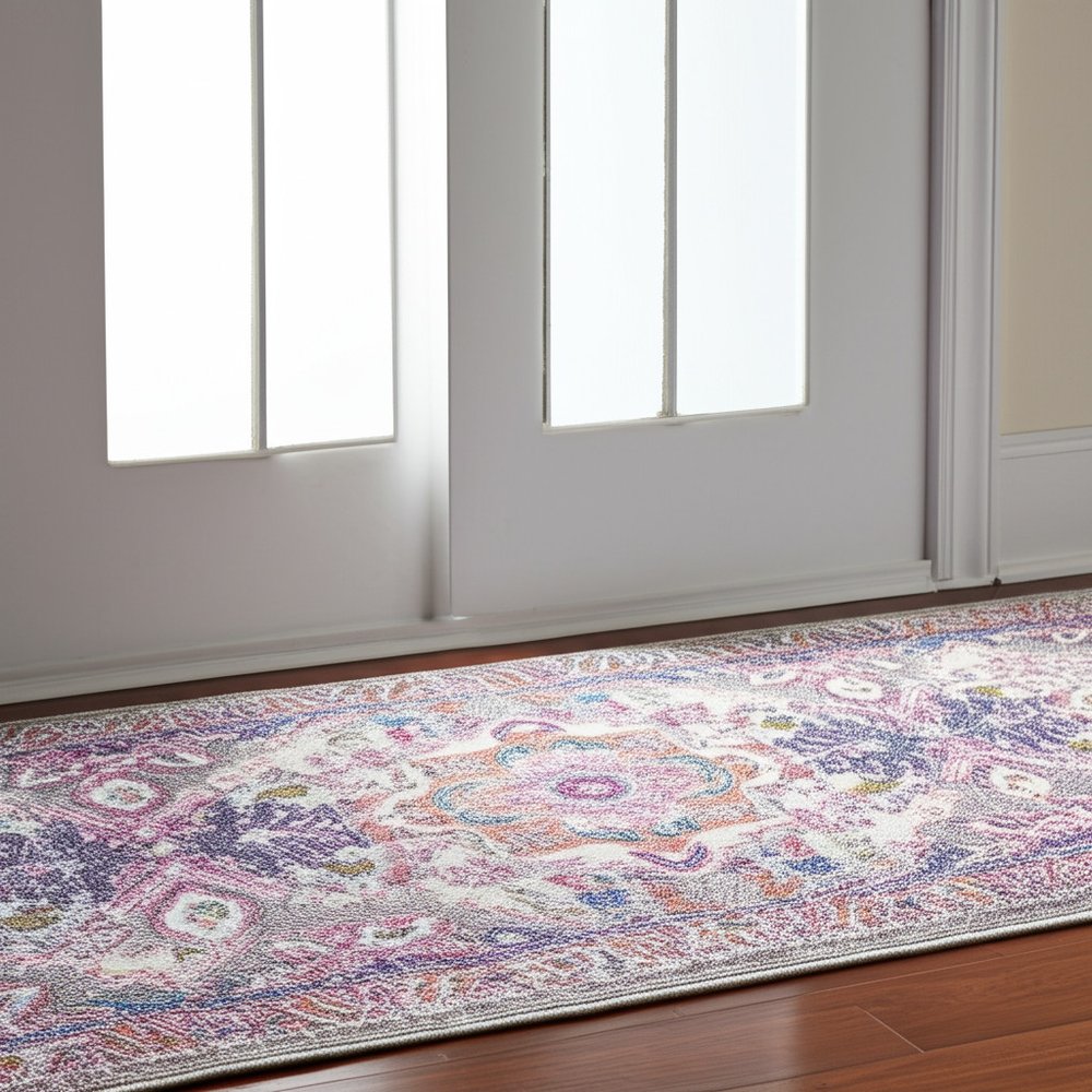 10' Light Gray And Pink Medallion Runner Rug