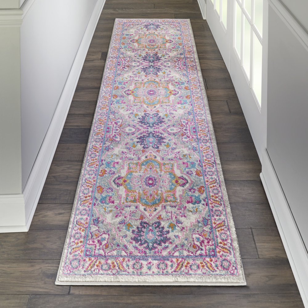 10' Light Gray And Pink Medallion Runner Rug