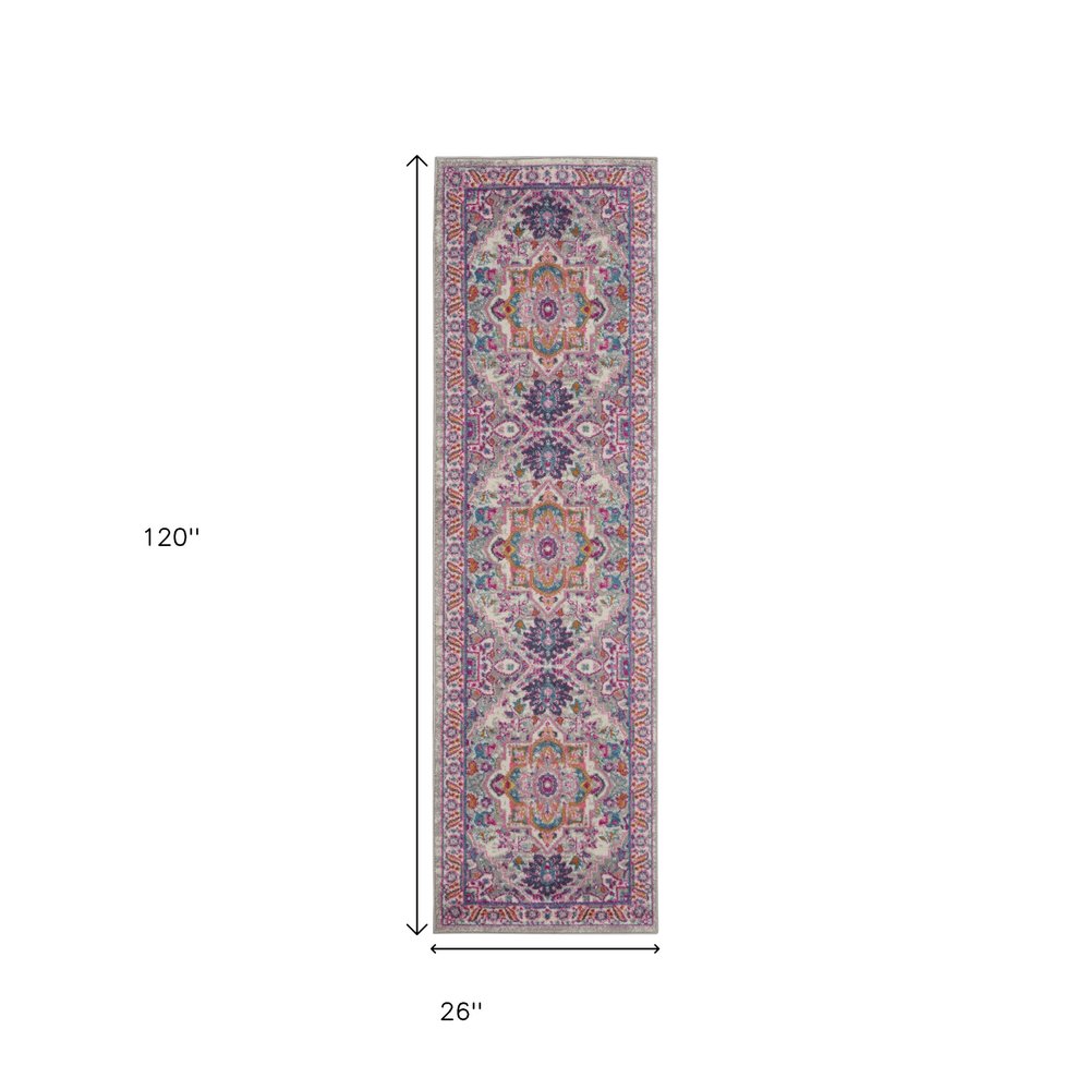 10' Light Gray And Pink Medallion Runner Rug