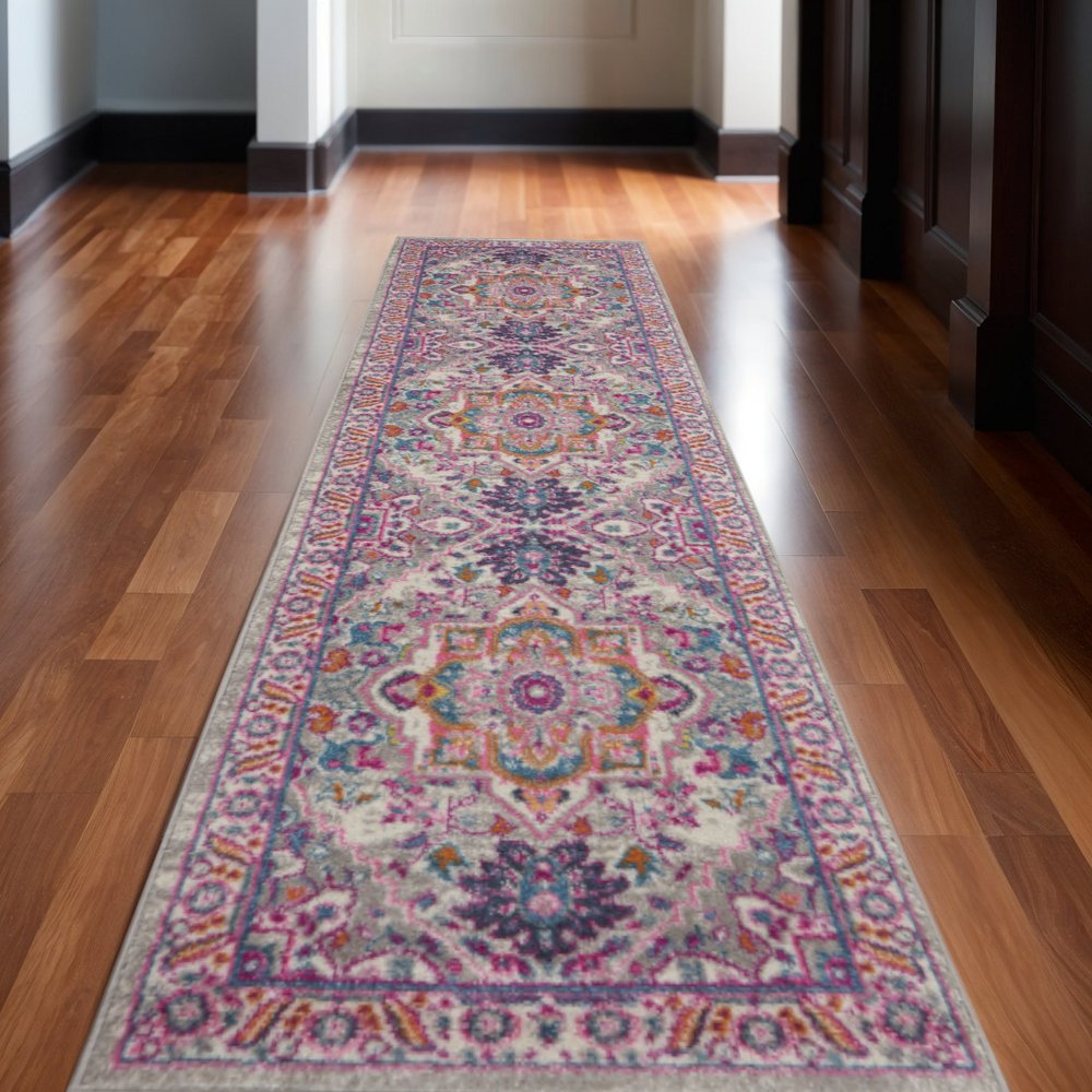 10' Light Gray And Pink Medallion Runner Rug
