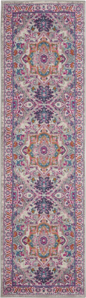10' Light Gray And Pink Medallion Runner Rug