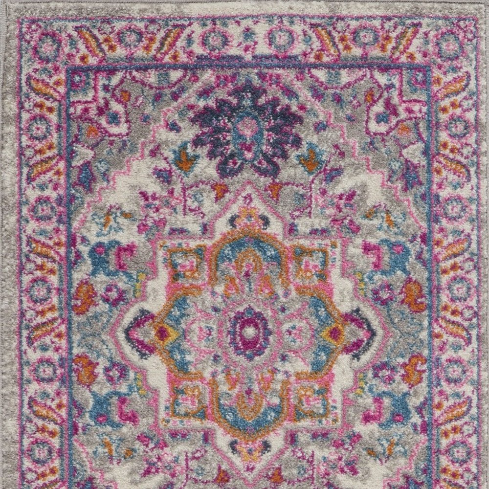 10' Light Gray And Pink Medallion Runner Rug