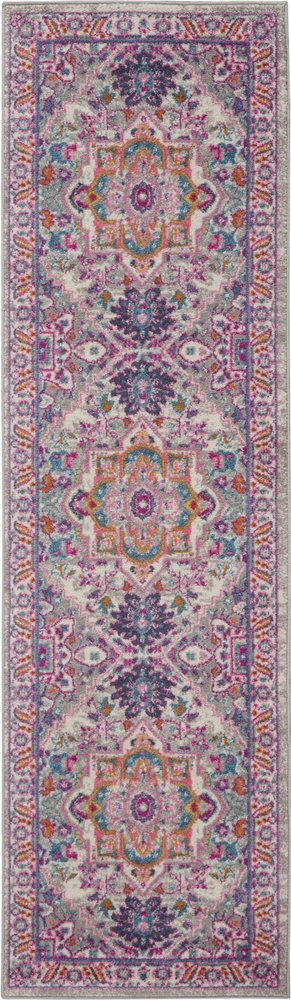 10' Light Gray And Pink Medallion Runner Rug