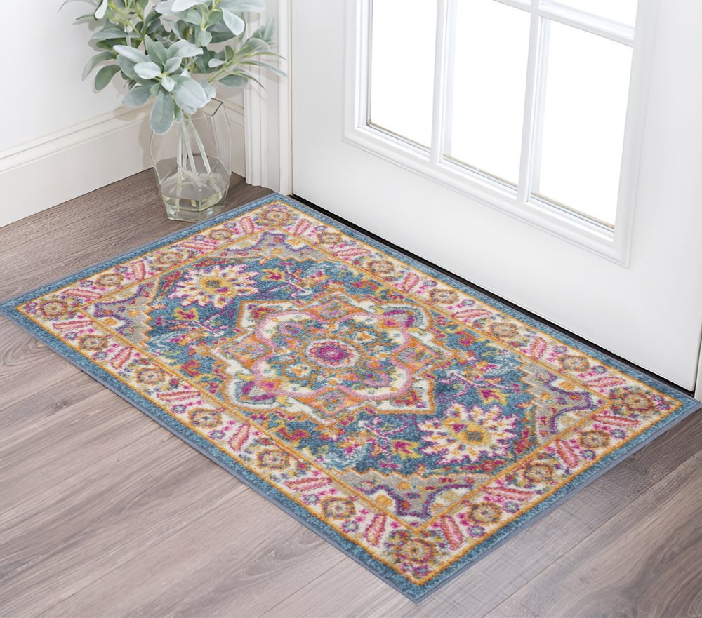 6' Teal And Ivory Medallion Distressed Runner Rug