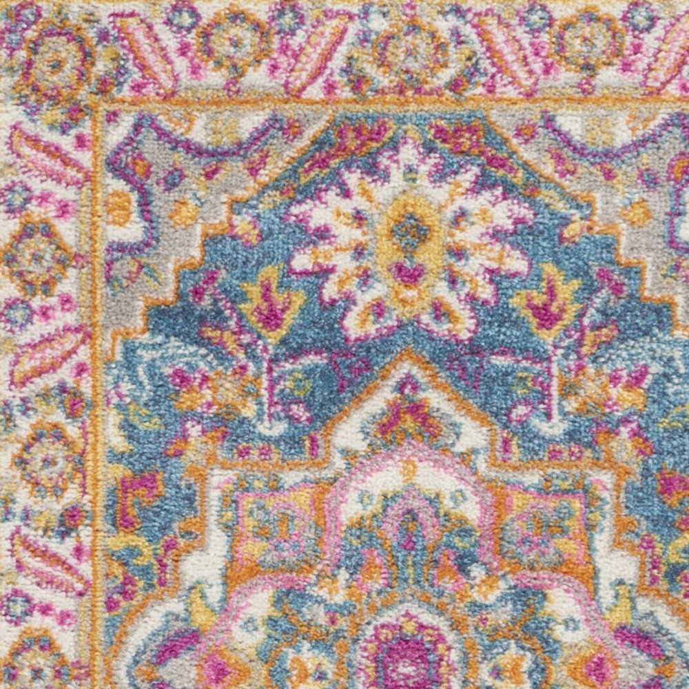 6' Teal And Ivory Medallion Distressed Runner Rug