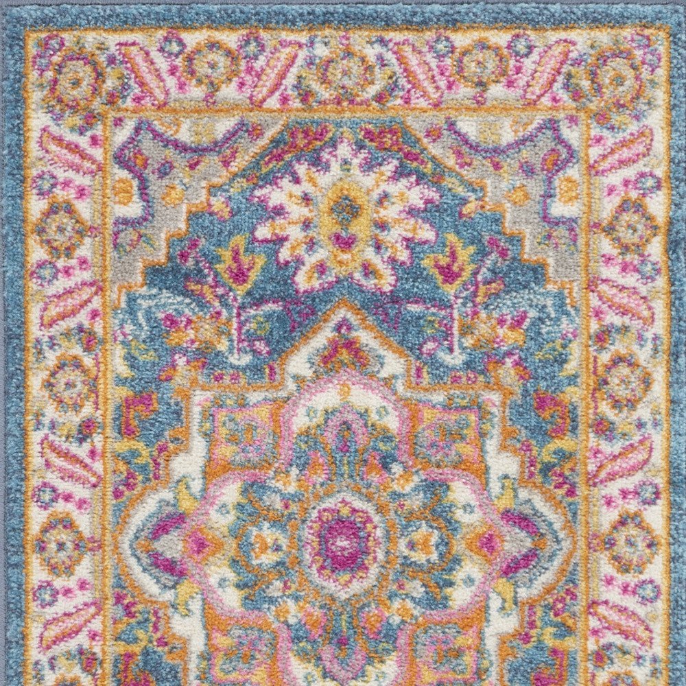 6' Teal And Ivory Medallion Distressed Runner Rug