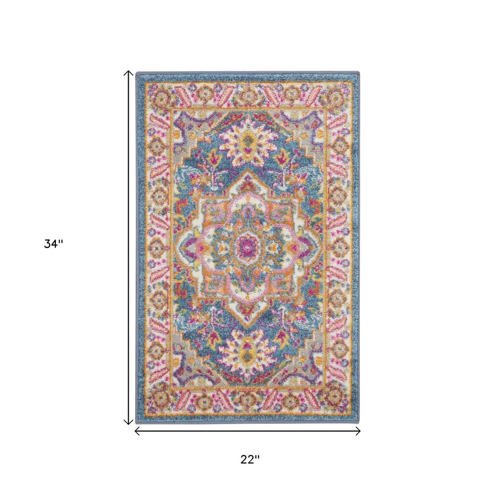 6' Teal And Ivory Medallion Distressed Runner Rug