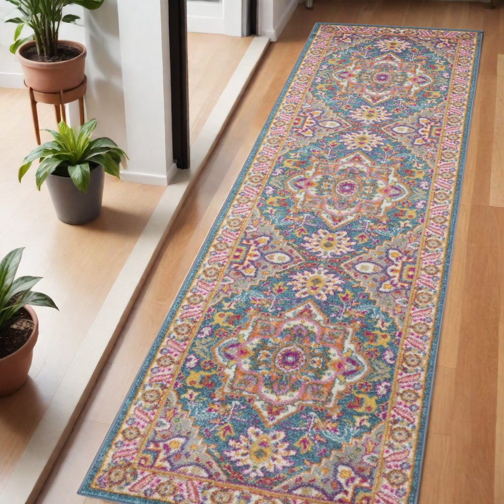 6' Teal And Ivory Medallion Distressed Runner Rug