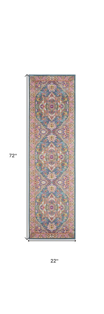 6' Teal And Ivory Medallion Distressed Runner Rug