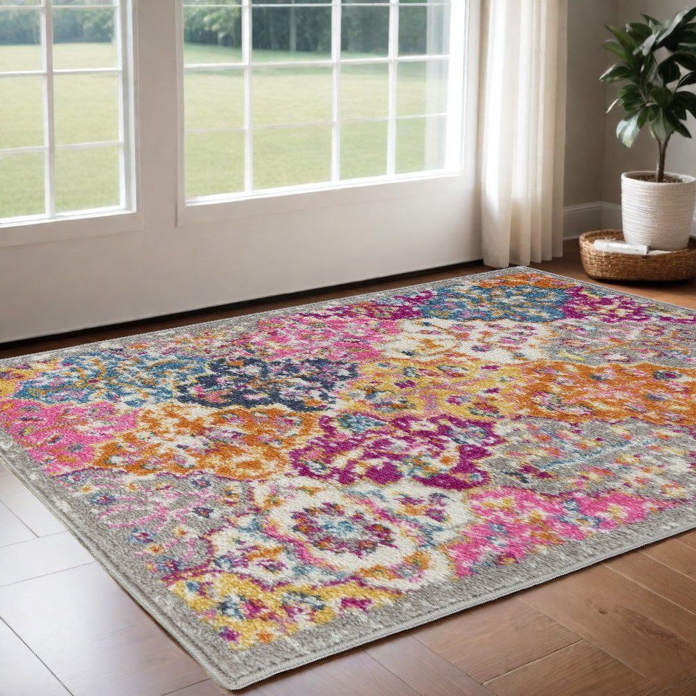 8' X 10' Gray Blue And Orange Quatrefoil Distressed Area Rug