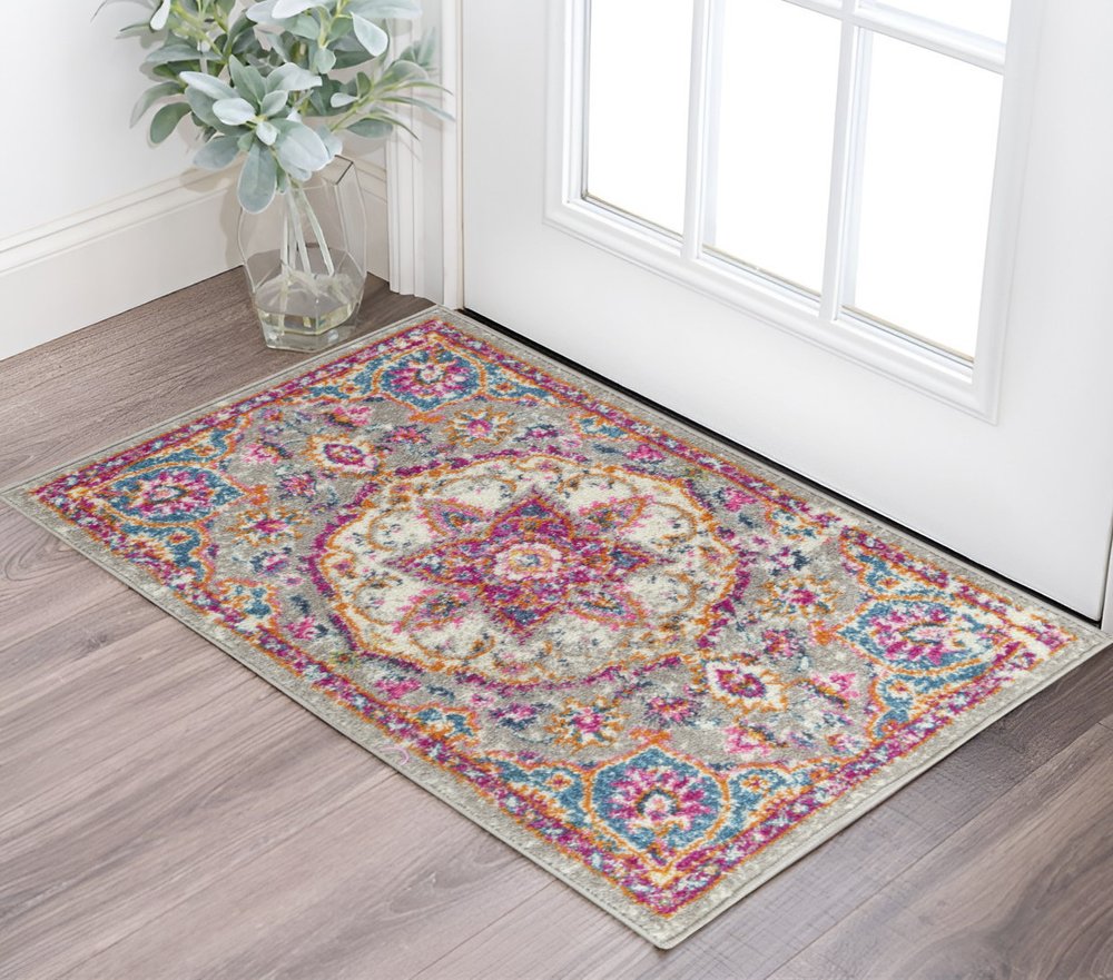 2' X 3' Gray And Ivory Medallion Area Rug