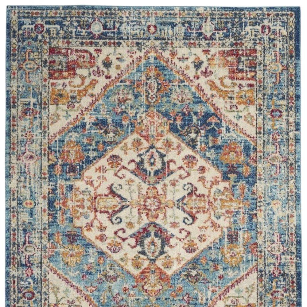 7' X 10' Ivory And Blue Oriental Distressed Area Rug