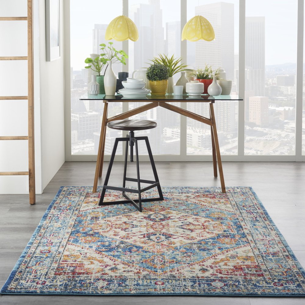 7' X 10' Ivory And Blue Oriental Distressed Area Rug